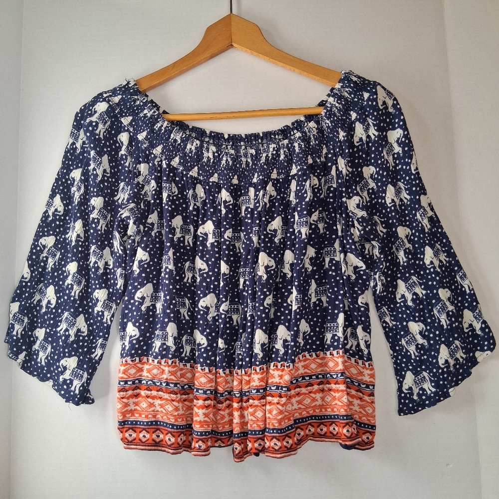 BCNU Navy and Red On Off Shoulder Elephant Novelty Print Boho‎ Peasant Blouse